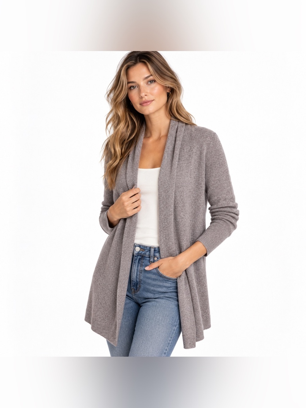 White + Warren 100% Cashmere Trapeze Cardigan Long Open Front Taupe S
(CKB089)